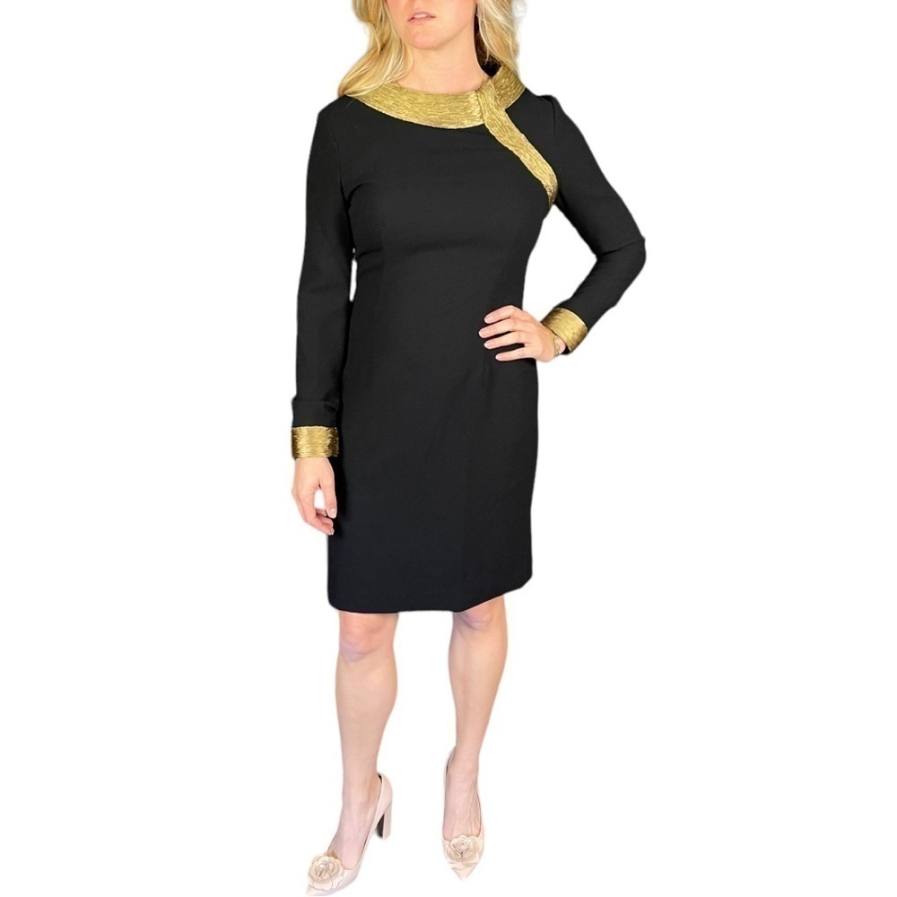 MONIQUE LHUILLIER LONG SLEEVE PIPE TRIM GOLD BLACK SHEATH COCKTAIL DRESS